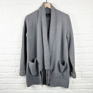 Tahari Gray Open Front Sweater Fringe Detail Pockets Cardigan Size Medium